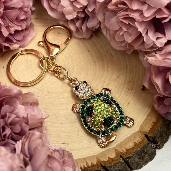Green and Silver Crystal Turtle Keychain Charm - Picture 6 of 16